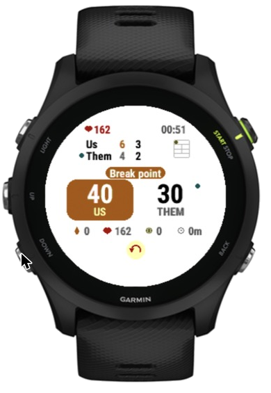 Vibora on Garmin Forerunner 255: live score, break point