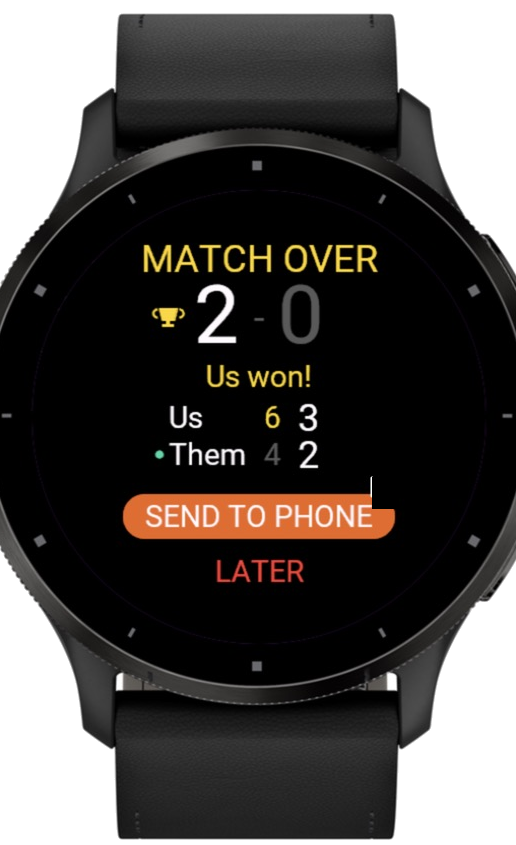 Vibora on Garmin Venu 3: match over, send to phone