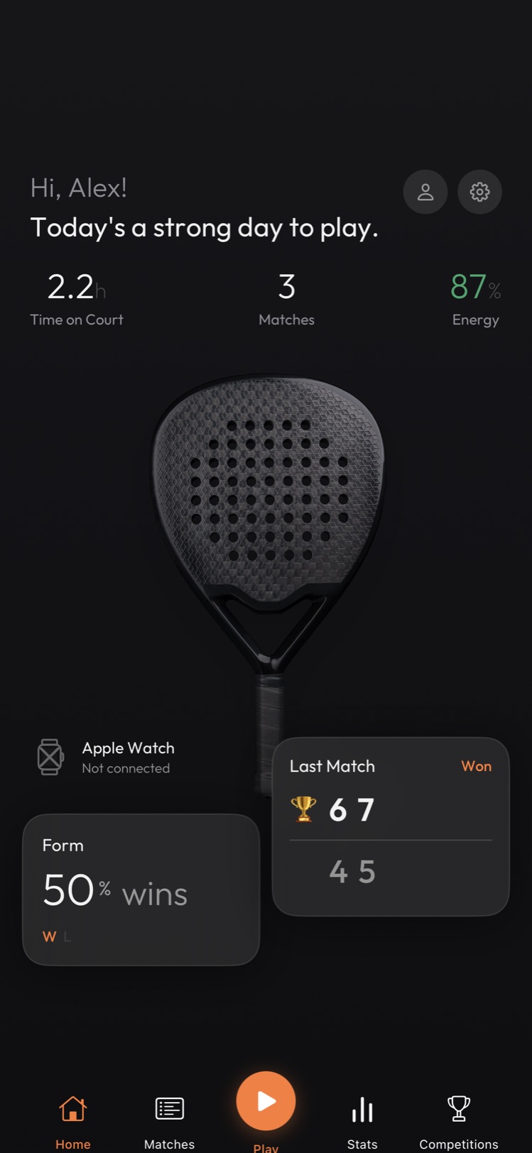 Home screen: today's readiness, last match and form