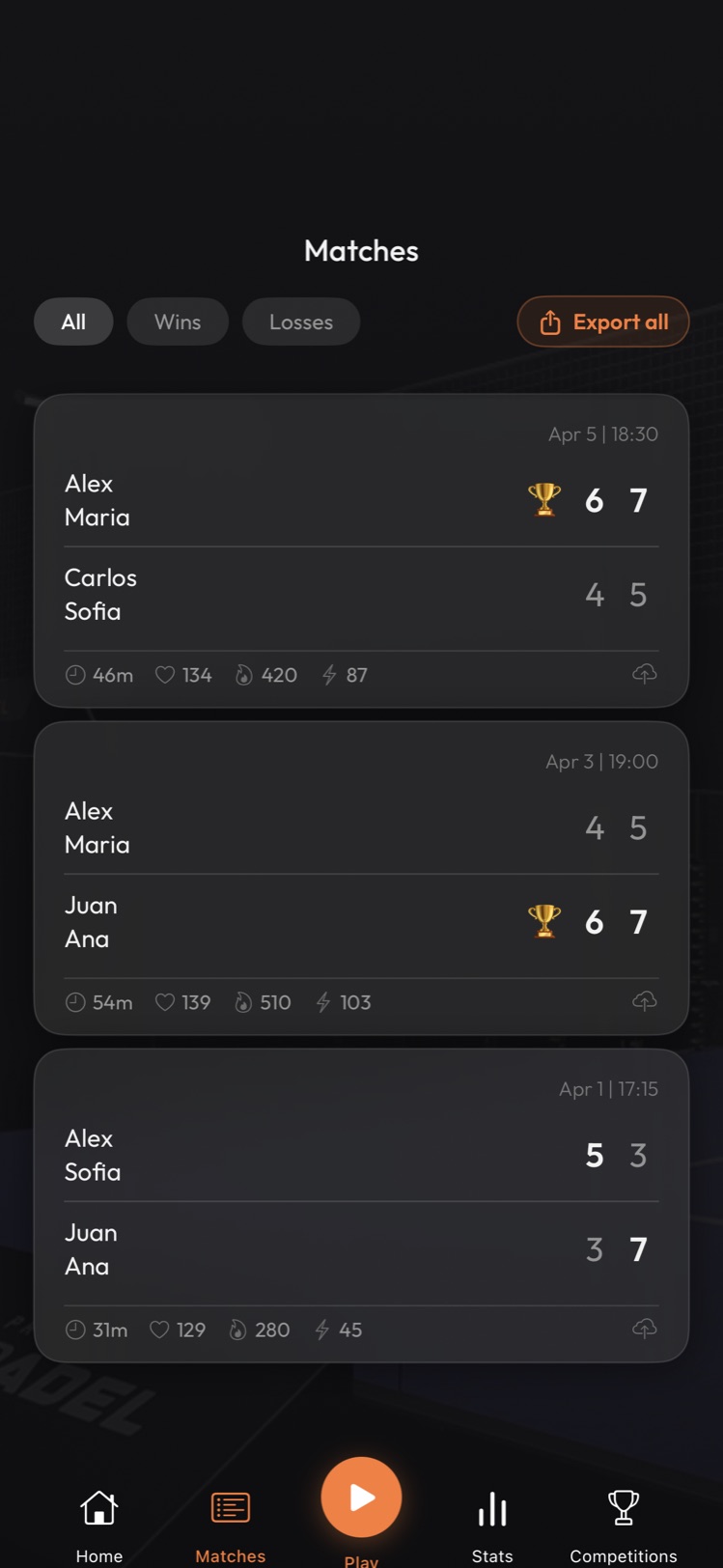 Matches list with scores, duration, HR and shots