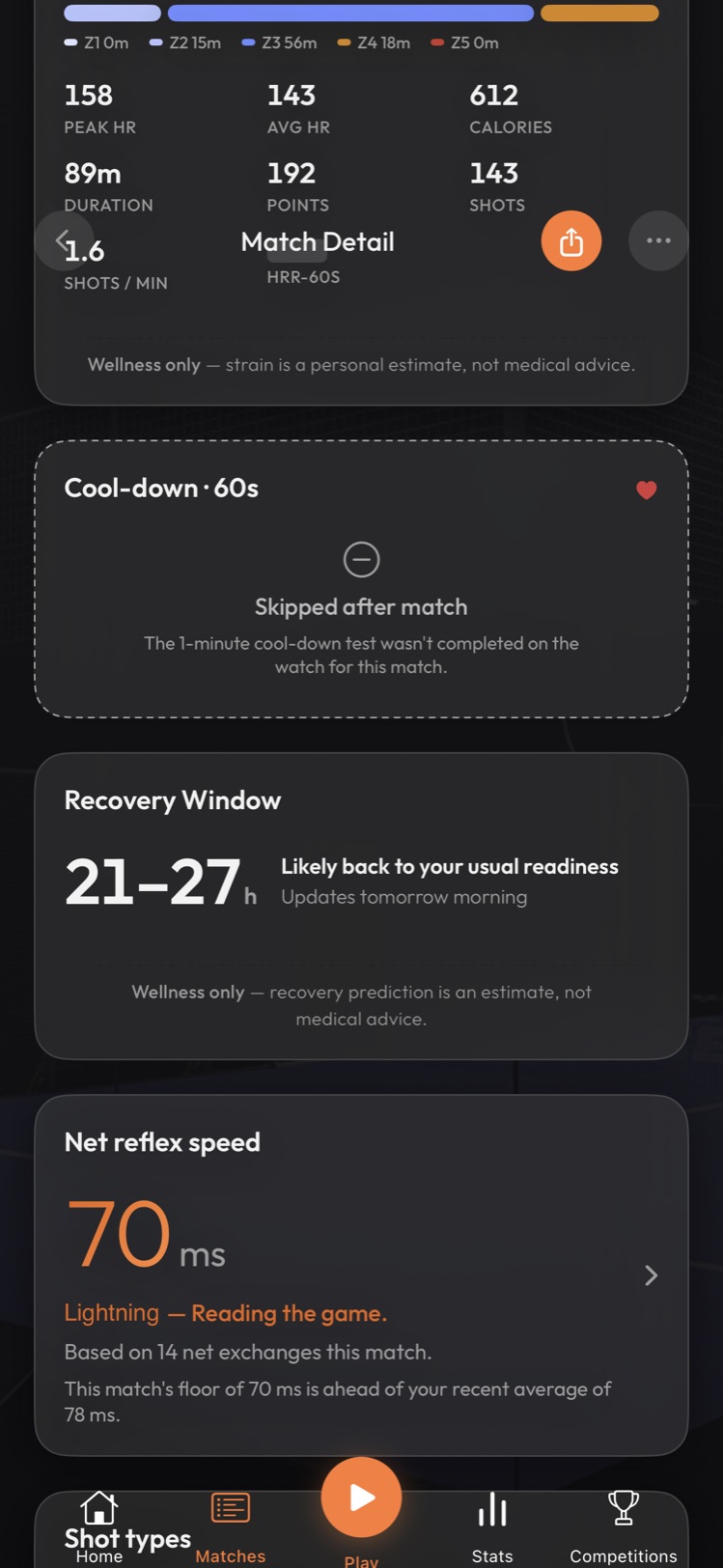 Recovery window, Net Reflex Speed and shot types