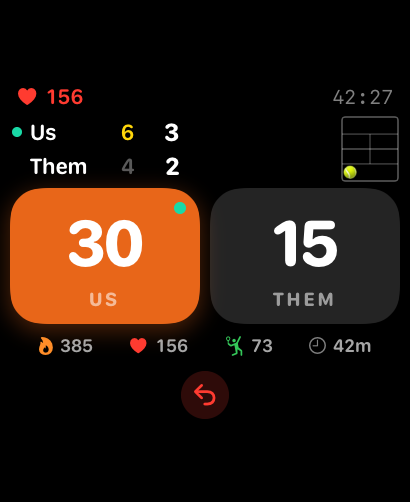 Live score on Apple Watch: 30-15, sets, heart rate